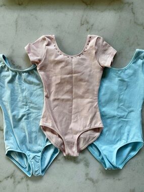 Set of 3 Girls Pink & Blue Short Sleeve Dance Leotard with Scoop Neck | Bloch 8